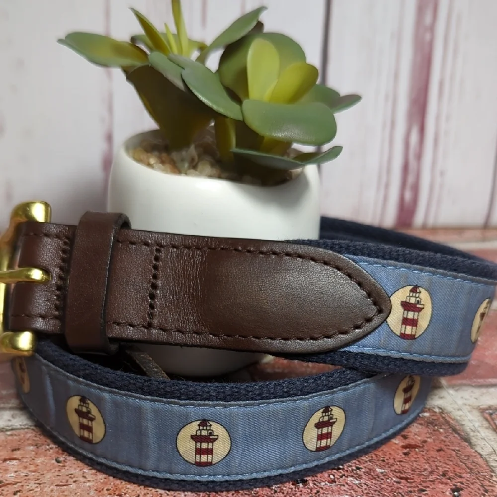Vineyard Vines Lighthouse Belt Brown Leather and Blue‎ Canvas Size 32 Nautical